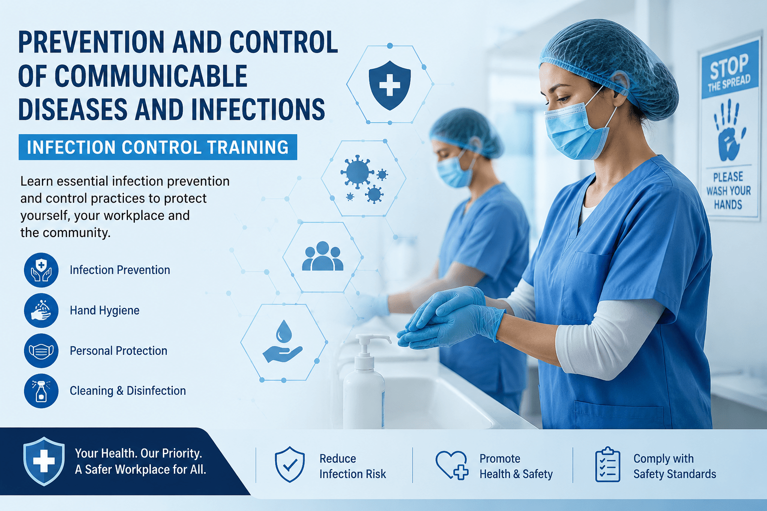 Professional training for Prevention and Control of Communicable Diseases and Infection Control, featuring healthcare safety themes such as hygiene practices, infection prevention, protective equipment, and workplace health standards in a clean and modern design. IQS Training center .